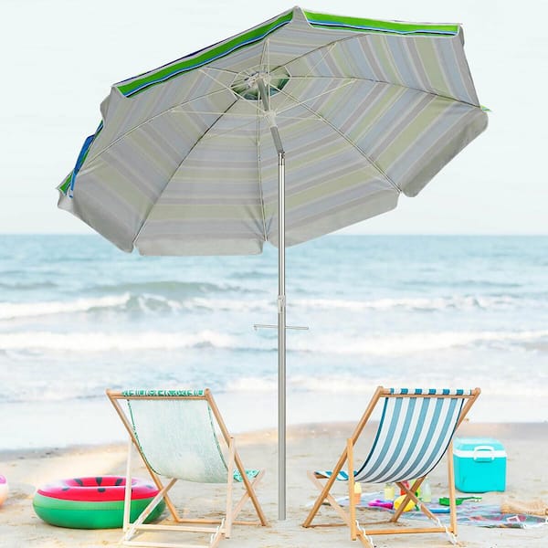 6.5 ft. Aluminum Beach Umbrella Sun Shade Tilt in Green/Blue Stripe