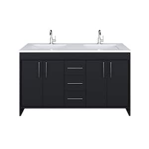 Capri 60 in. W x 22 in. D Bathroom Vanity in Black with Microstone Vanity Top in White with White Basins