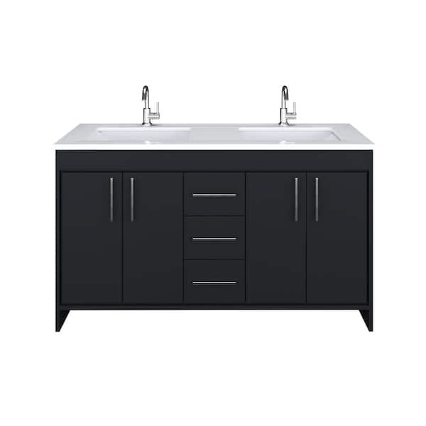 VOLPA USA AMERICAN CRAFTED VANITIES Capri 60 in. W x 22 in. D Bathroom Vanity in Black with Microstone Vanity Top in White with White Basins