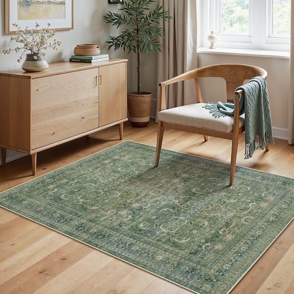 Phuket Island Greeen 3 ft. x 5 ft.  Distressed Vintage Floral Area Rug