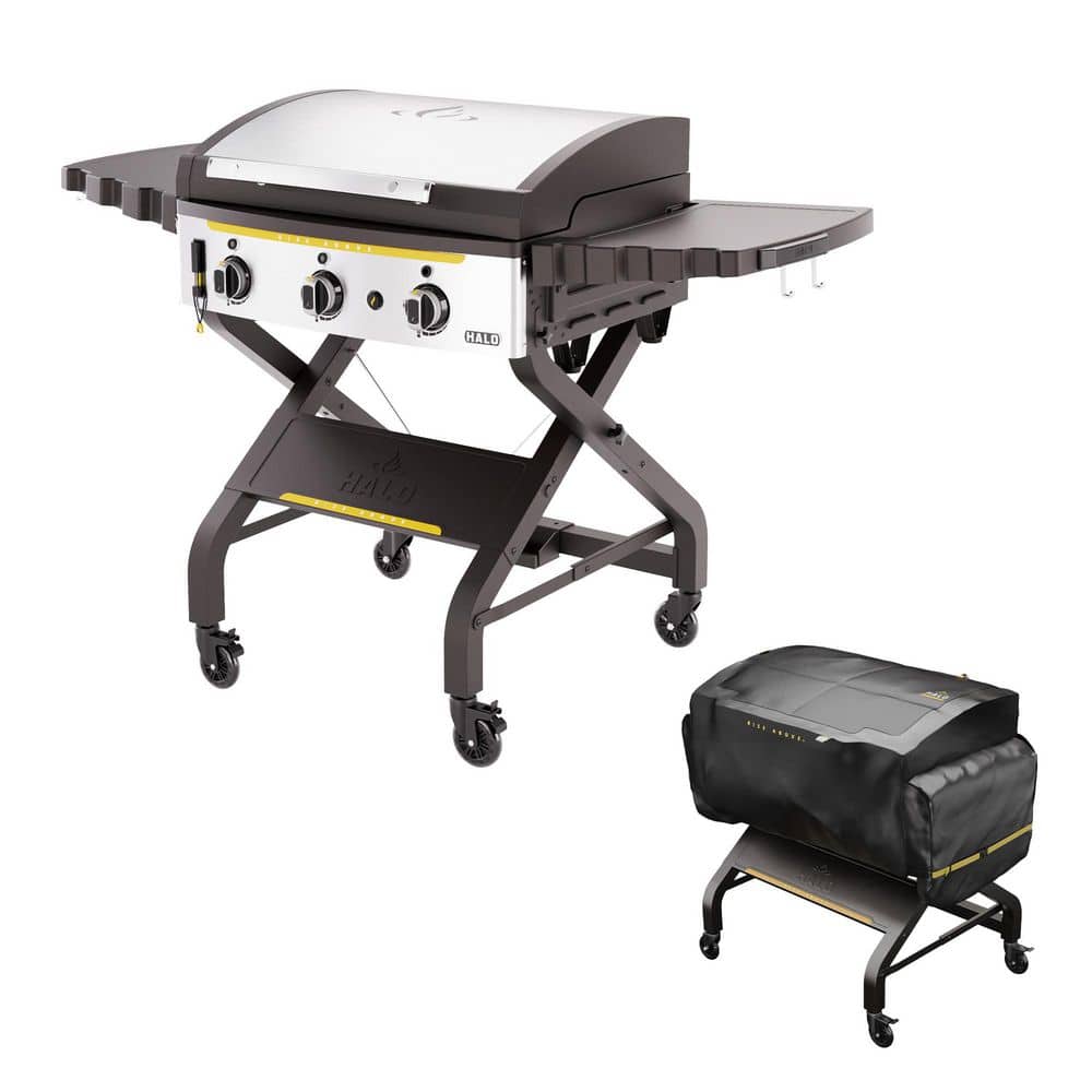 Elite3B 3-Burner 8 Zone Propane 28 in. Griddle Flat Top Grill in Black with Cover