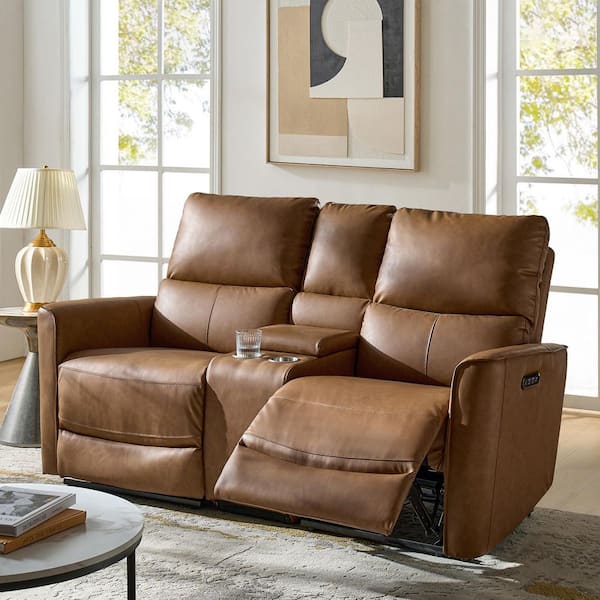 Azriah 71 in. Wide Padded Arm Faux Leather Rectangular Sofa with Powered Reclining in Brown