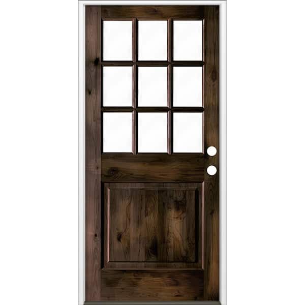 Krosswood Doors 36 in. x 80 in. Knotty Alder 1 Panel Left-Hand/Inswing 1/2 Lite Clear Glass Black Stain Wood Prehung Front Door