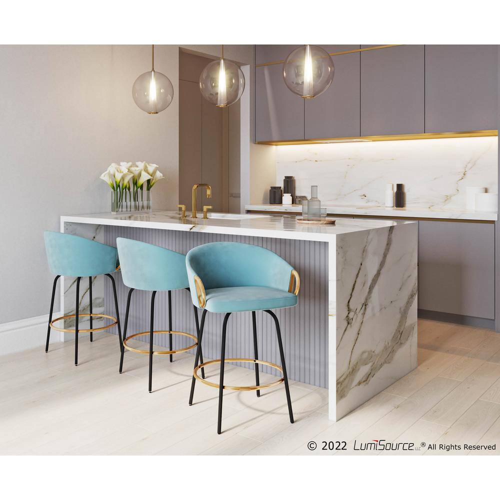 Claire Light Blue Velvet Swivel Counter Stools with Gold Accents