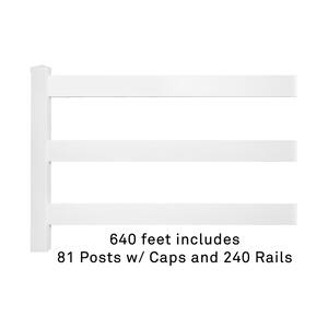 48 in. H x 640 ft. L 3-Rail White Vinyl Complete Ranch Rail Fence Project Pack