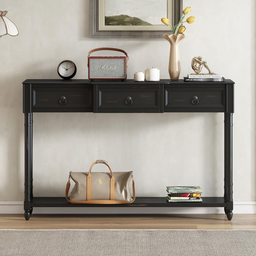 2-Tier 52 in. Espresso Rectangle Wood Console Table with 3 Drawers Entryway