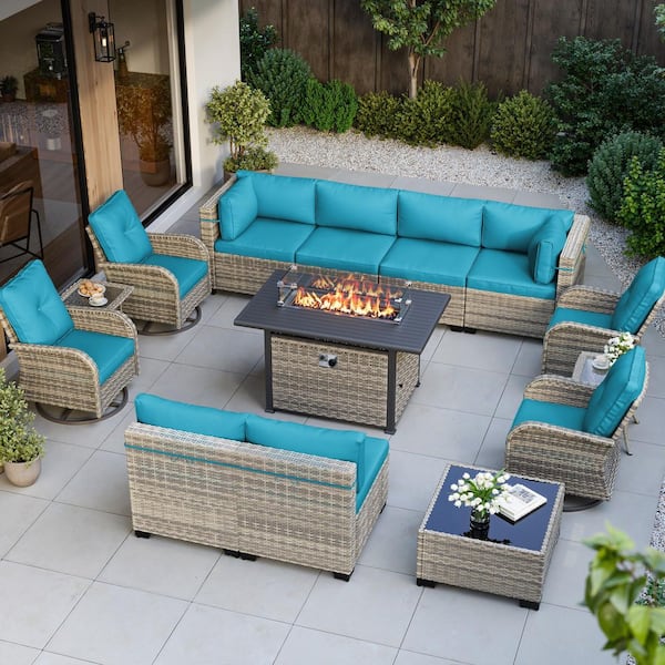 14-Piece Wicker Patio Conversation Set with Fire Pit Table and Top Table. Swivel Rocking Chairs with Turquoise Cushions