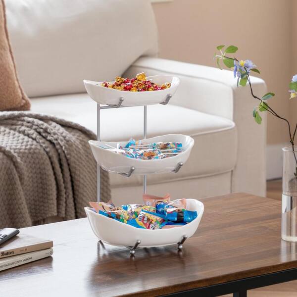 3-Tier Ceramic Fruit Bowl for Kitchen Counter, Tiered Fruit Bowl for Fresh Fruit and Veggies, Serving Trays, Silver Rack