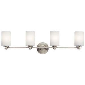 Joelson 34 in. 4-Light Brushed Nickel Transitional Bathroom Vanity Light with Satin Etched Cased Opal Glass