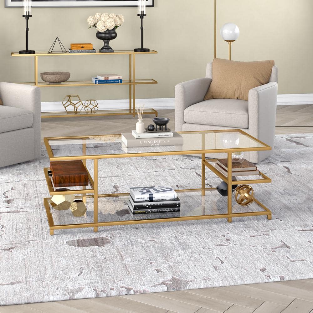 Greenwich 54'' Brass and Glass Modern Coffee Table