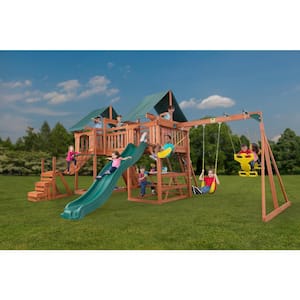 Jungle Fun Complete Wood Swing Set with Slide, Clatter Bridge, Rock Wall and Multiple Playset Accessories