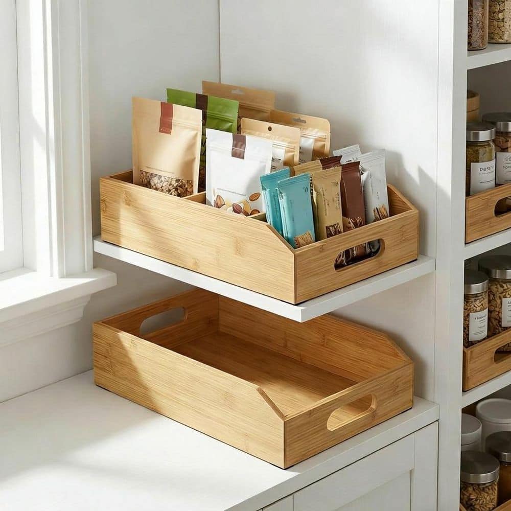 LAIFUCAM Natural Bamboo Pantry Organizer Storage Bin with Handle