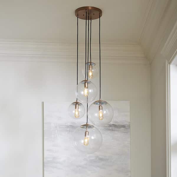 Leo Hanging Globe 12 in. 1-Light Satin Brass Pendant with Clear Seeded Glass Shade