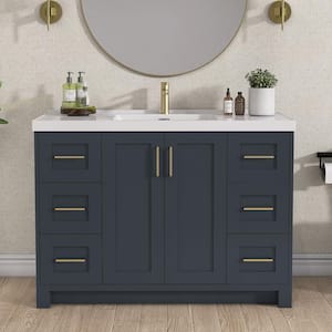 48 in. W x 22 in. D x 35.5 in. H Single Sink Freestanding Bathroom Bath Vanity in Navy Blue with White Solid Surface Top