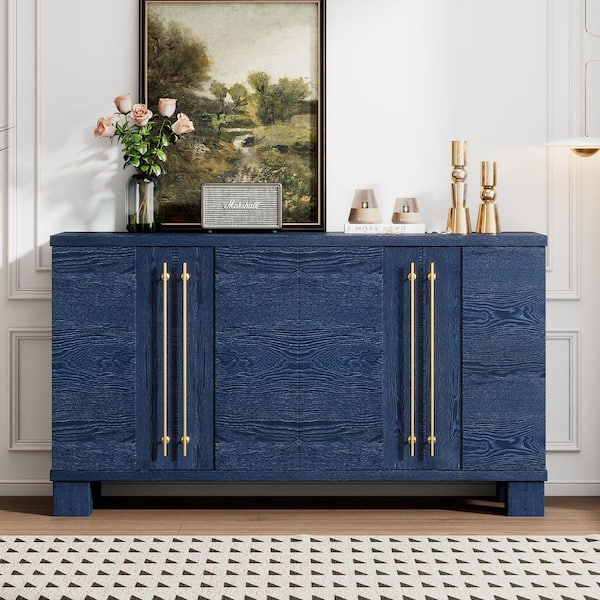 Antique Navy Manchurian Ash Veneer and MDF 60 in. Sideboard Buffet with Adjustable Shelves and 4-Doors