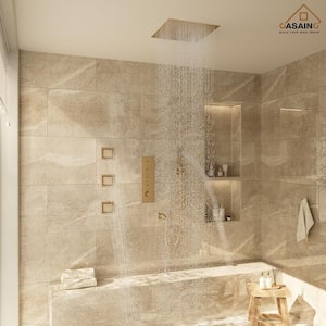 LED Music 4-Spray Patterns Thermostatic 16 in. Ceiling Mount Rain Dual Shower Heads with 1.8 GPM 3-Jet in Brushed Gold