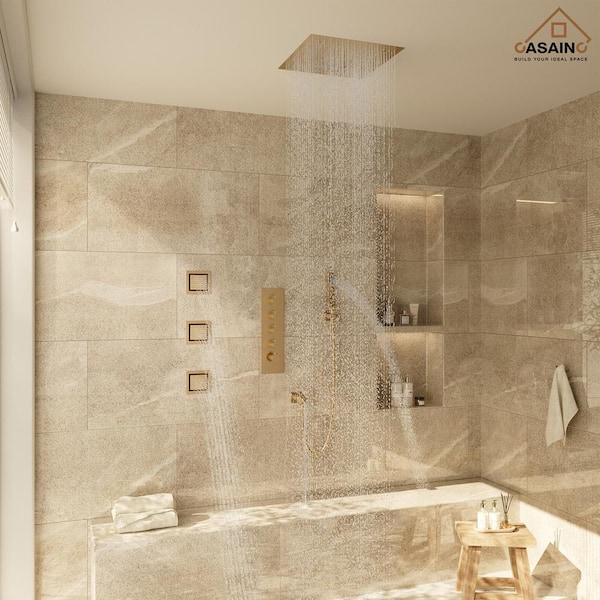 LED Music 4-Spray Patterns Thermostatic 16 in. Ceiling Mount Rain Dual Shower Heads with 1.8 GPM 3-Jet in Brushed Gold