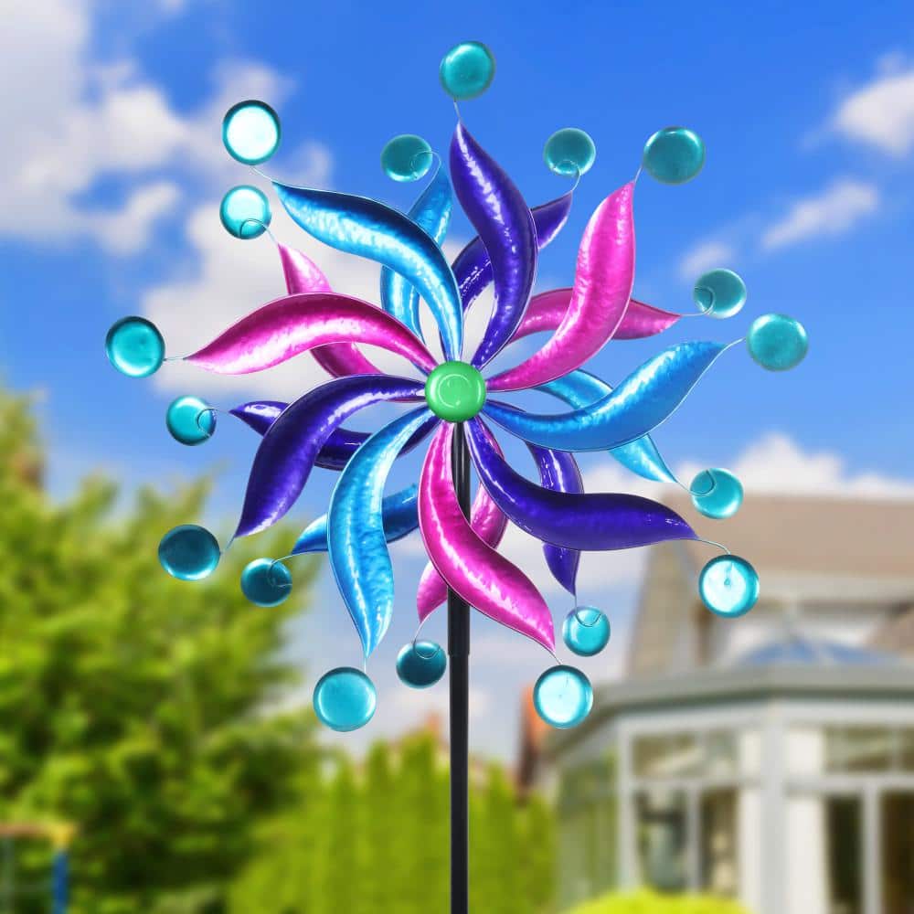 Pink and Blue Metal Double Pinwheel Spinner Garden Stake