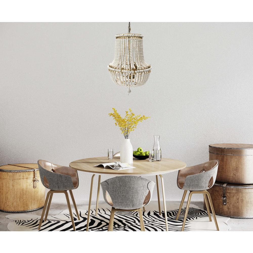 Off-White Draped Wood Bead Chandelier with Iron Frame