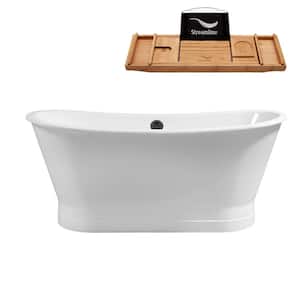67 in. Cast Iron Flat Bottom Non-Whirlpool Bathtub in Glossy White with Matte Black External Drain and Tray