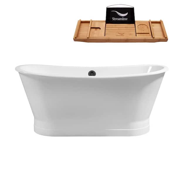 Streamline 67 in. Cast Iron Flat Bottom Non-Whirlpool Bathtub in Glossy White with Matte Black External Drain and Tray