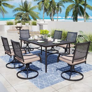 7-Piece Black Metal Outdoor Dining Set with Swivel Rockers with Beige Cushions