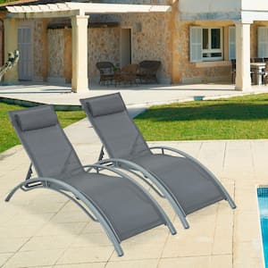 2-Piece Aluminum Outdoor Chaise Lounge Chair Recliner with 5-Level Adjustable Backrest and Gray Cushion