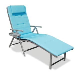 Blue Metal Outdoor Single Folding Lounge Chair with Blue Cushion