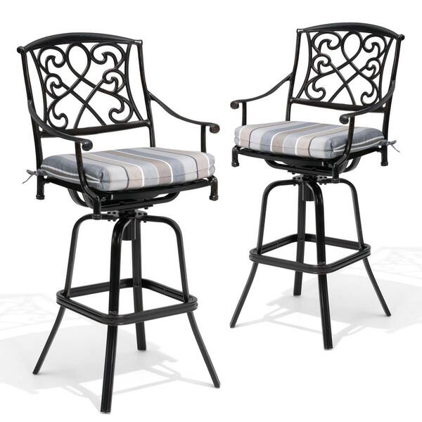 Antique Swivel Cast Aluminum Outdoor Bar Stool with Sunbrella Cushion (2-Pack) in Milano Char Color