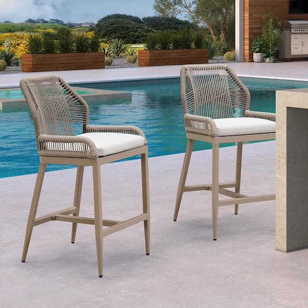 PURPLE LEAF Modern Aluminum Twill Wicker Woven Bar Height Outdoor Bar Stool with Back and Sunbrella White Cushion (2-Pack)