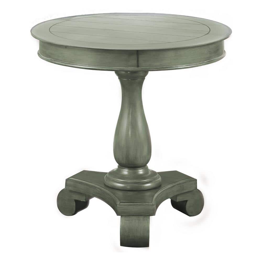 Teal Gray Wood Round Accent Table with Single Column Base