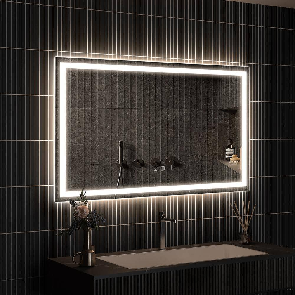 48 in. W x 30 in. H Large Rectangular Frameless LED Light with 3-Color and Anti-Fog Wall Mounted Bathroom Vanity Mirror -  HOMLUX, 660D004798