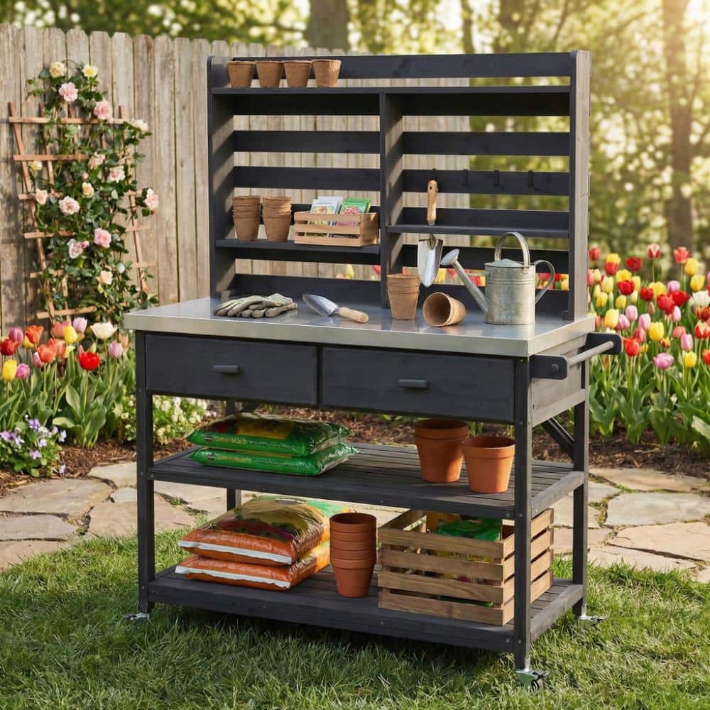 Outdoor Black Potting Bench,Wooden Potting Table with Lockable Wheels and Upper Hutch price history on PriceWatchPro