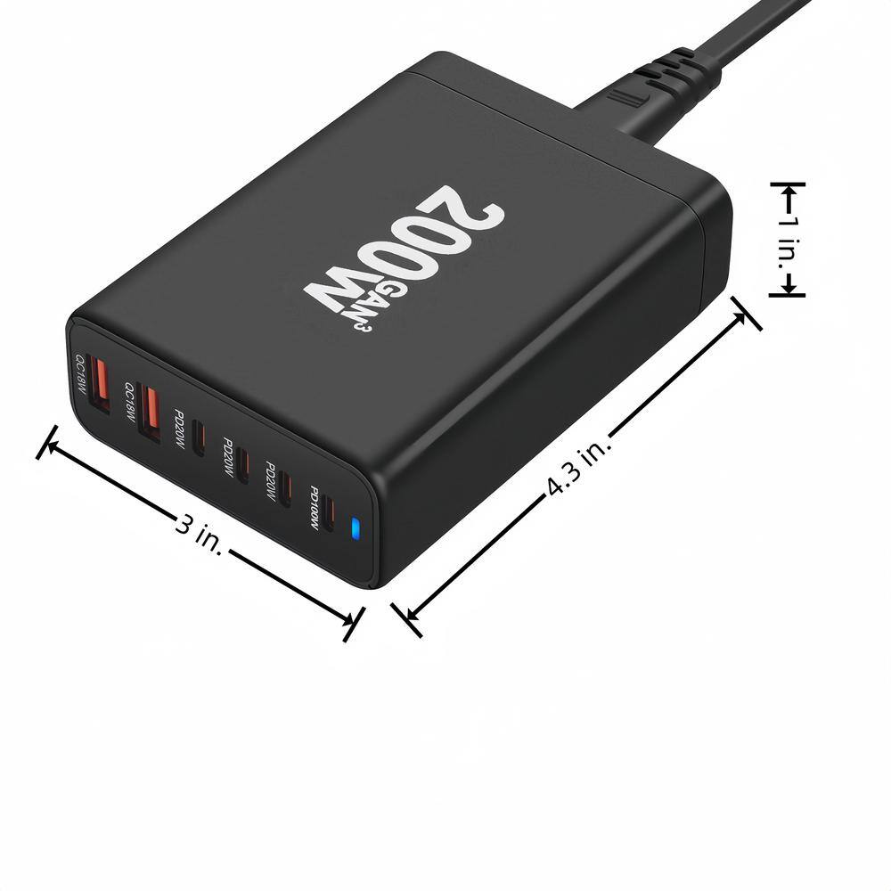 Black 200-Watt Fast Charging Station with 6 Ports