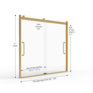 Arelo 56-60 in. Width Semi-Frameless Sliding Shower Door AquaGlideXP Clear Glass, Brushed Gold Finish