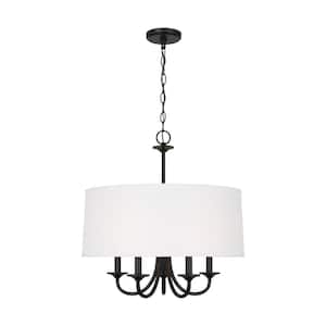 Seville 21.5 in. 5-Light Midnight Black Transitional Modern Hanging Drum Chandelier with White Linen Shade