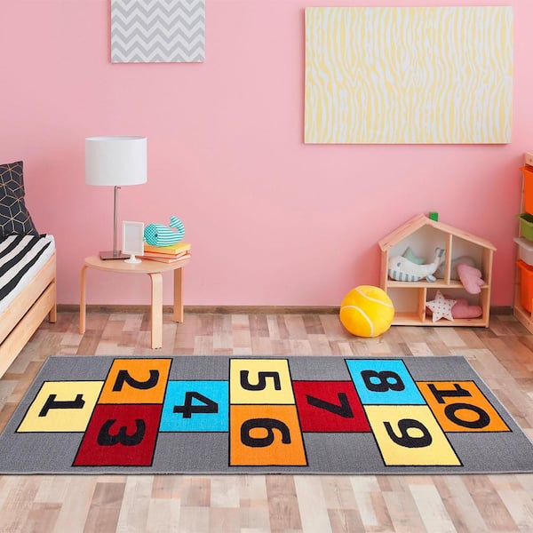 Children's Garden Collection Non-Slip Rubberback Hopscotch 3x6 Kid's Runner Rug, 2 ft. 7 in. x 6 ft., Gray/Multicolor
