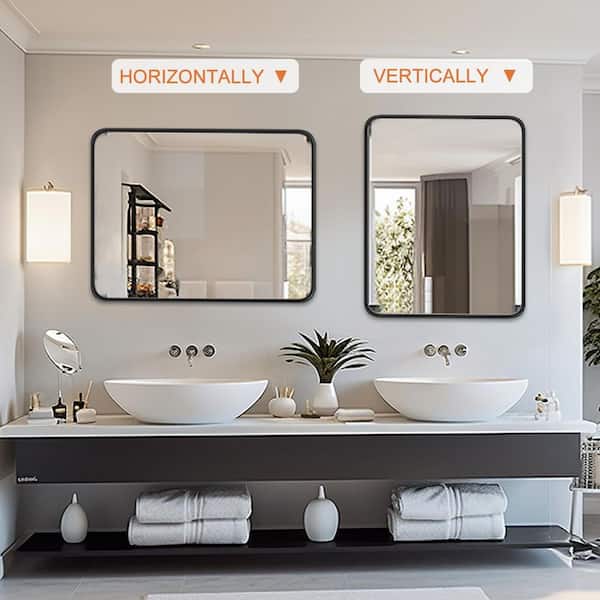 24 in. W x 36 in. H Rounded Rectangle Framed Wall Bathroom Vanity Mirror for Over Sink Wall in Matte Black
