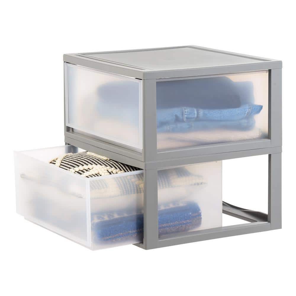 Gray Stackable Plastic Storage Drawers with Clear Fronts, 47 Qt, 2-Pack