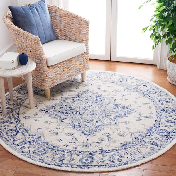 Metro 8 ft. x 8 ft. Blue/Ivory Ornate Border Round Area Rug