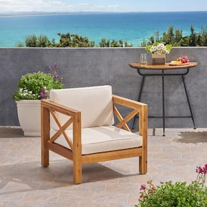 Brava Teak Brown Removable Cushions Wood Outdoor Lounge Chair with Beige Cushions