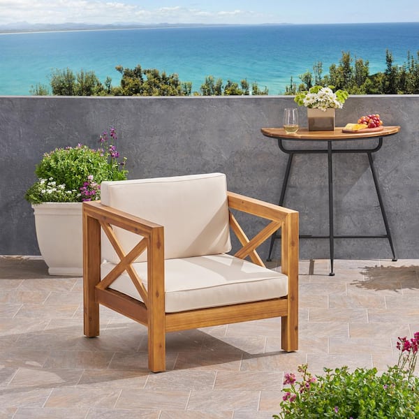 Noble House Brava Teak Brown Removable Cushions Wood Outdoor Patio Lounge Chair with Beige Cushions