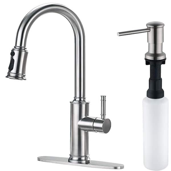 Single Handle Pull Down Sprayer Kitchen Faucet with Soap Dispenser in Brushed Nickel