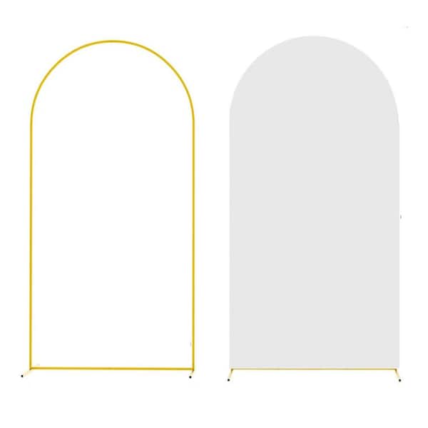 Justincity 6FT x 2.6FT Gold Metal Arbor Arch Stand Backdrop with White Elastic Spandex Cover for Weddings Birthdays Showers