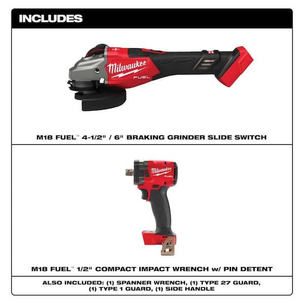 M18 FUEL 18V Lith-Ion Brushless Cordless 4-1/2 in. /6 in. Braking Grinder w/ Slide Switch w/ 1/2 in. Impact Wrench