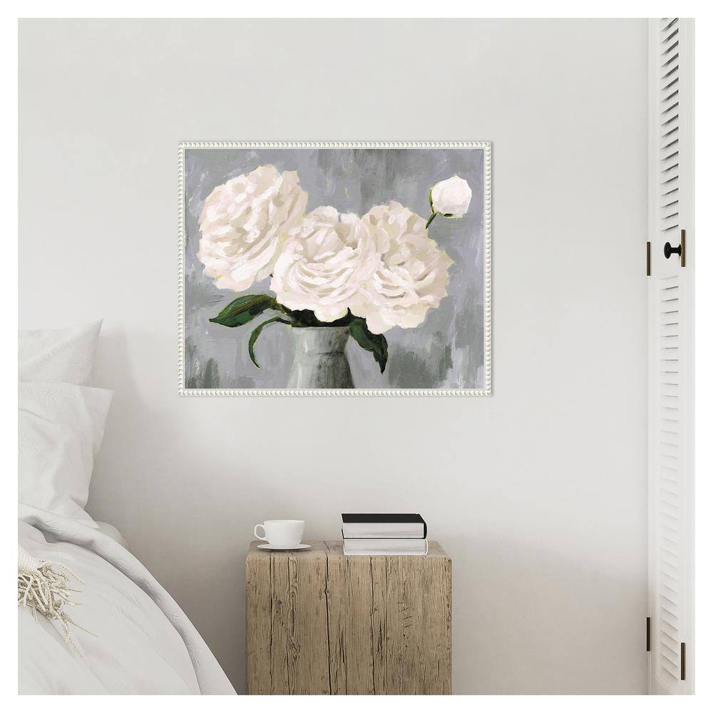 White Peonies in Gray Vase Framed Canvas Wall Art