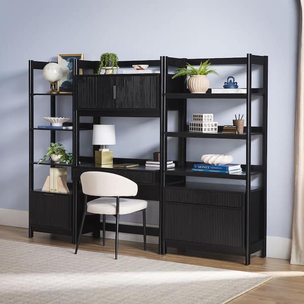 Walker Edison Furniture Company 3-Piece Transitional Black Reeded 38 in. Hutch-Style Desk with 1 Narrow and 1 Wide Modern Bookcase