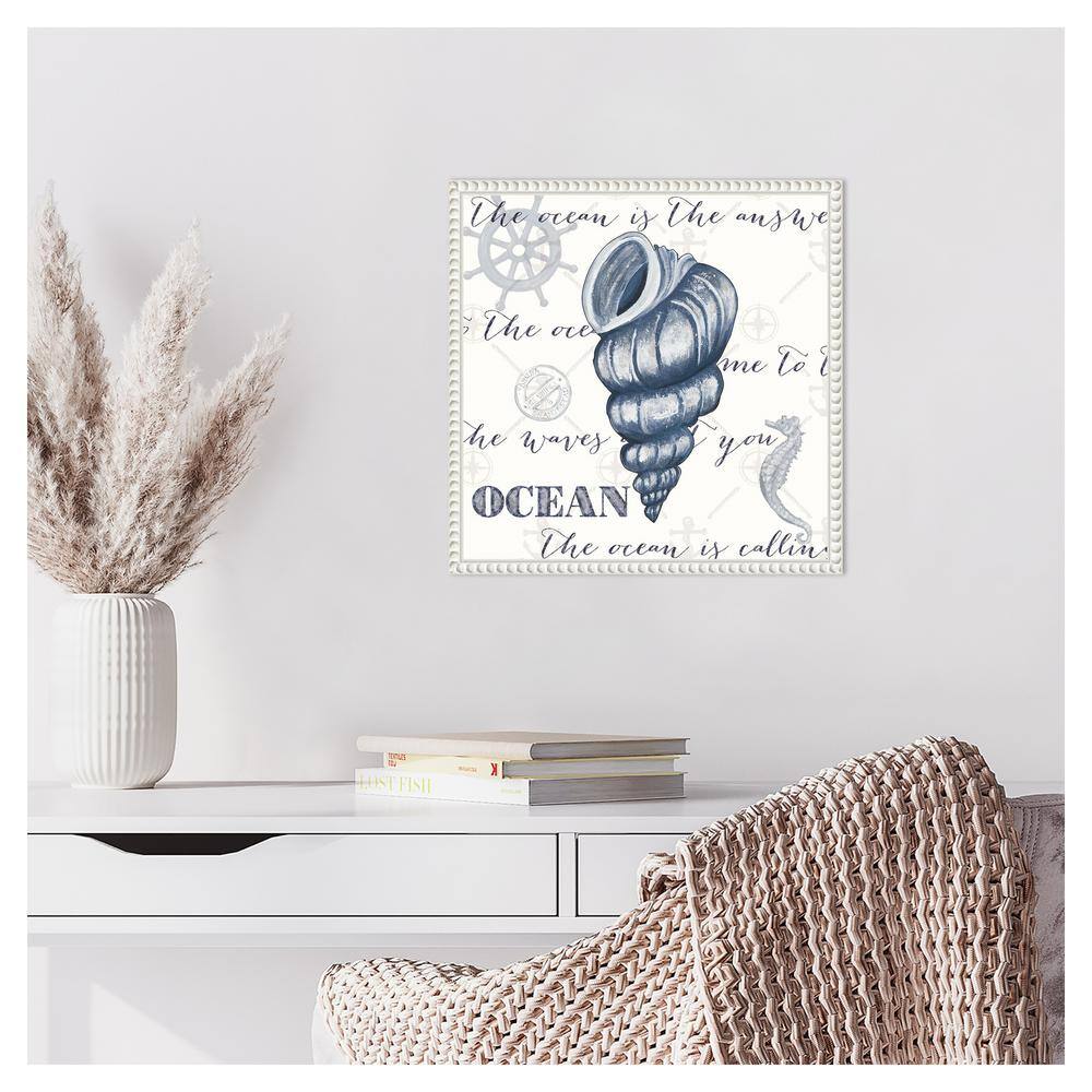 Indigo Ocean Treasures I Coastal Canvas Wall Art with White Beaded Frame