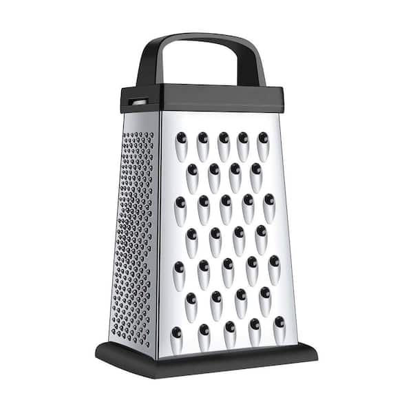Black 4-Sided Stainless Steel Cheese Grater with Ergonomic Handle and Rubber Base for Easy Use and Dishwasher Safe