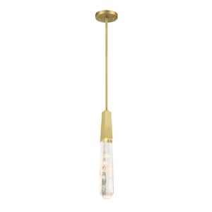 Drifting Droplets 6-Watt 1-Light Vintage Brass Crystal Integrated LED Mini Pendant Light with Faux Rock Crystal Shade